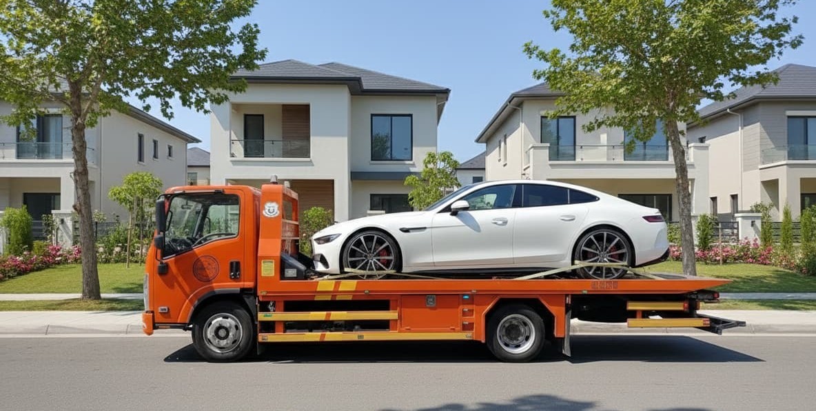 سطحة برتقالية تنقل مرسيدس AMG GT بيضاء في حي سكني بالجبيل